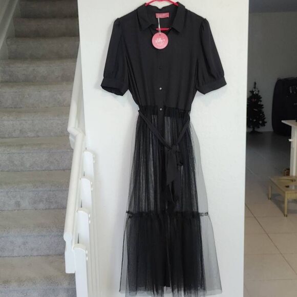 Lillys Top Womens Large Kloset Button Up Tulle Black - Picture 1 of 10